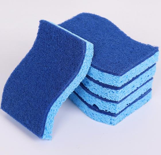 S-shaped blue wood pulp sponge showing curved design