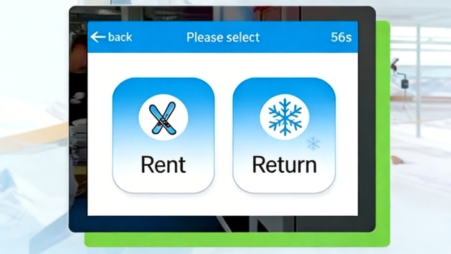 The camping tent rental locker vending machine UI offers two convenient operating options, allowing campers to quickly rent or return tents and outdoor gear through a clear and user-friendly touchscreen interface.