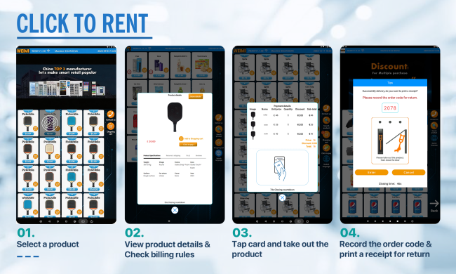 A fast and intuitive rental experience with the WEIMI Pickleball Racket Rental Vending Machine. Players simply select their pickleball racket on the HD touchscreen, view transparent pricing, complete secure payment, and instantly collect their racket from an unlocked compartment.