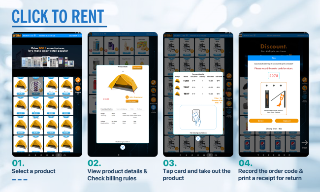 A fast and intuitive rental experience with the camping tent rental vending machine. Campers select their preferred tent or outdoor gear on the HD touchscreen, view transparent pricing, complete secure payment, and instantly collect their equipment from an unlocked locker—ready to start their camping adventure in seconds.
