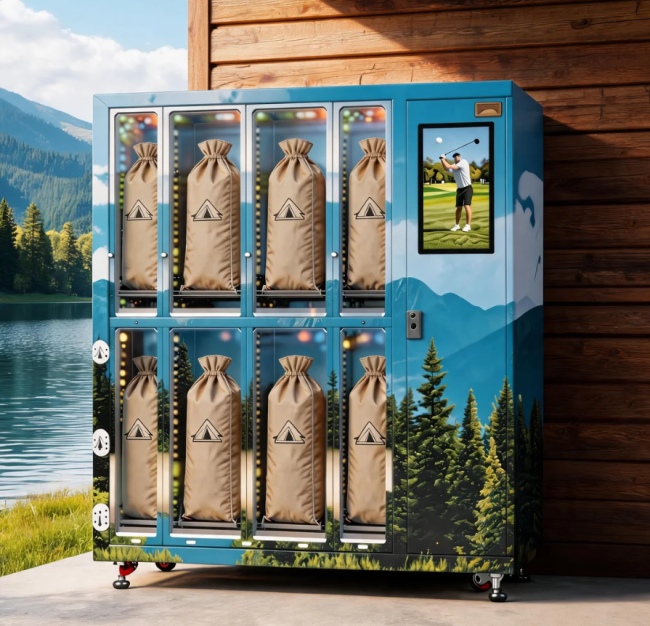 A premium camping tent rental locker vending machine installed near the entrance of a lakeside campground or outdoor recreation area. The machine features spacious smart lockers specifically designed to store camping tents, sleeping bags, folding chairs, and outdoor equipment safely and efficiently. Each compartment is secured with industrial-grade electronic locks, providing strong protection for high-value camping gear in a 24/7 unattended environment. The machine exterior is fully customized with the campground’s branding and logo, blending naturally with the outdoor landscape and campsite aesthetic. A large HD touchscreen displays rental options while also promoting camping activities, fishing experiences, local attractions, and partner advertisements, demonstrating how the smart locker system supports both secure outdoor equipment storage and additional digital advertising revenue.
