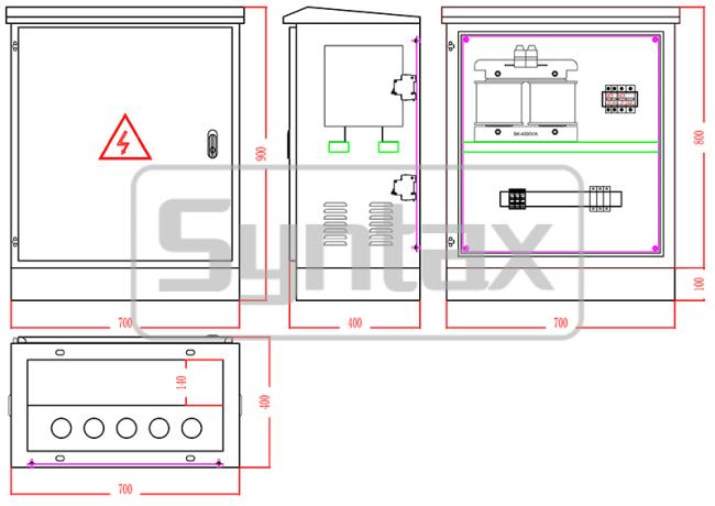 Technical drawing of Syntax three phase portable step-down transformer metal distribution board