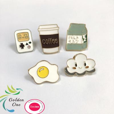 China Custom Trendy Logo Design Brooches Soft Enamel Lapel Pins Cute Word Book Milk Clouds Coffee Pin For Girl for sale