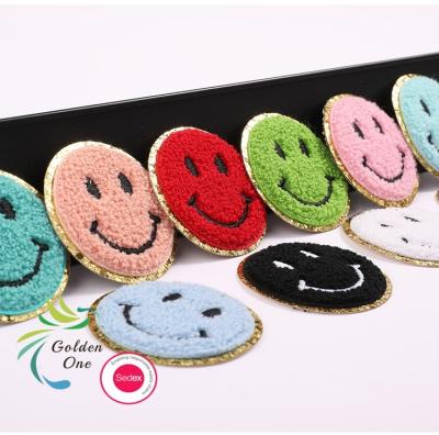 China Smile Face Embroidery Patches Iron On Jeans Clothes Self-Adhesive Fabric Patch With Sequins Decoration for sale