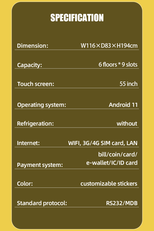 The specification of this tcg vending machine