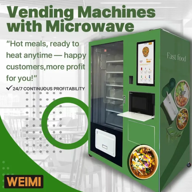 This hot food vending machine has a sub-cabinet to place micorwaves.