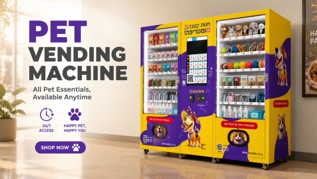 Modern pet vending machine displaying various pet supplies including food, toys, and grooming products