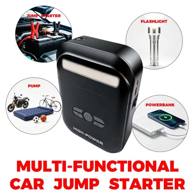 CYD7 Portable Car Jump Starter and Tire Inflator showing product features and design