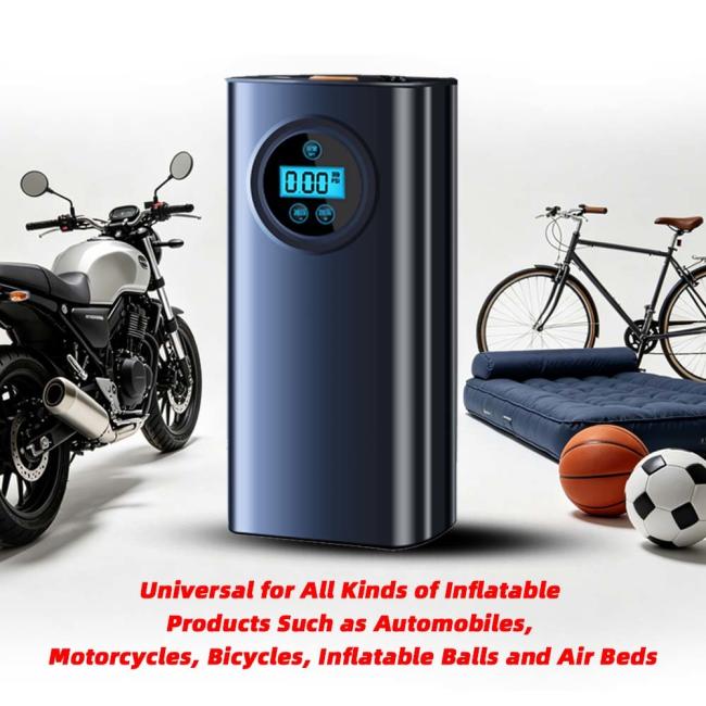 CQB-002 Mini Air Pump with digital display showing product features