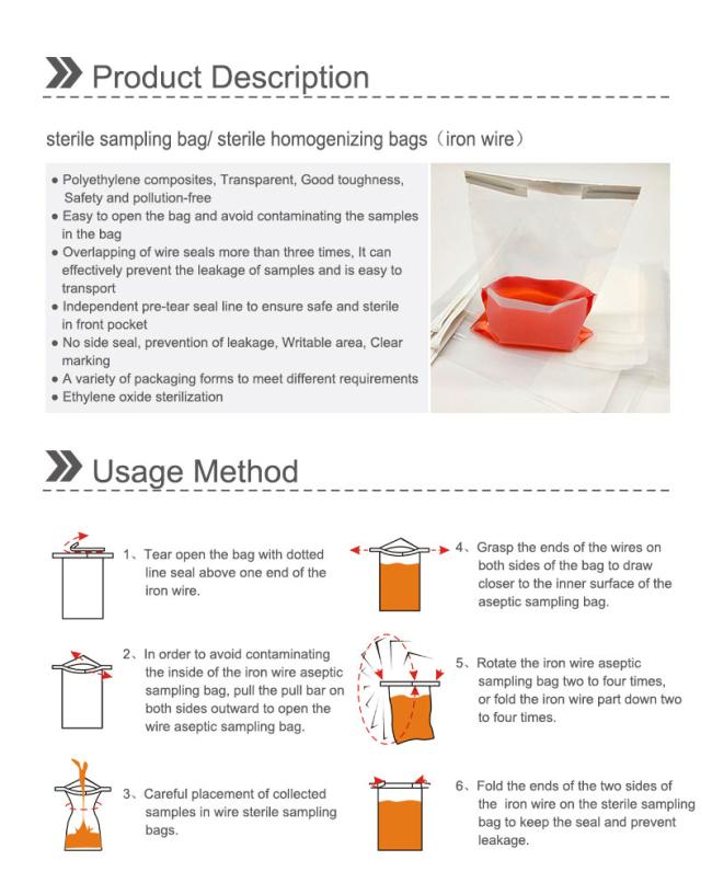 Sterile sampling bags with wire and white marking areas
