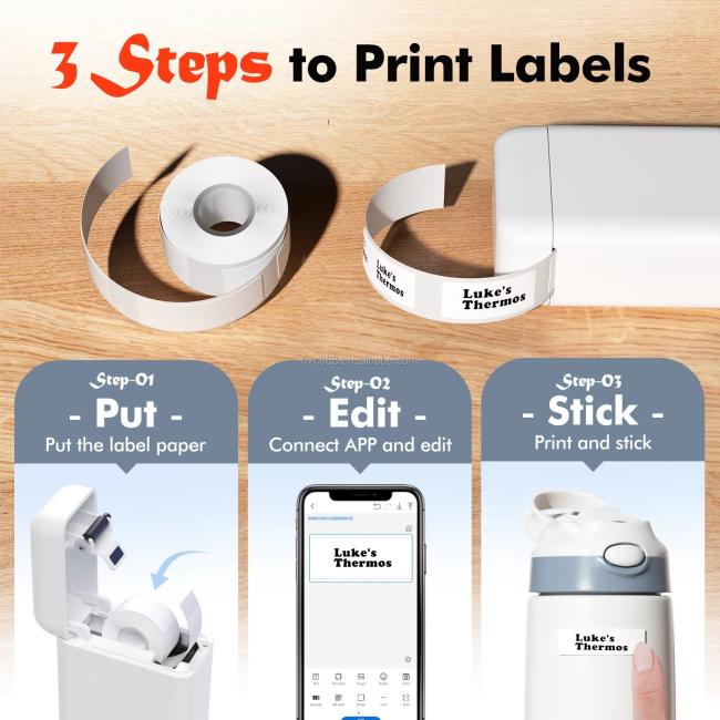 Printer in use with sample printed labels