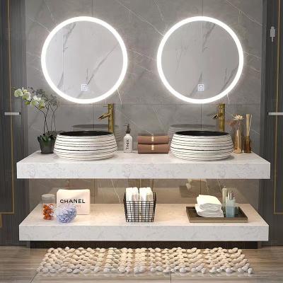 China Rectangle Double Sink Waterproof Bathroom Vanity With Smart Lighted Led Mirror for sale