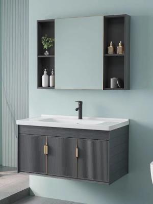 China Grey Black Ceramic Wash Basin Cabinet Set Aluminium Mirrored Bathroom Cabinet Vanity for sale