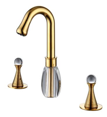 China Deck Mounted Gold Widespread Bathroom Faucet 3 Hole 2 Handle Solid Brass for sale