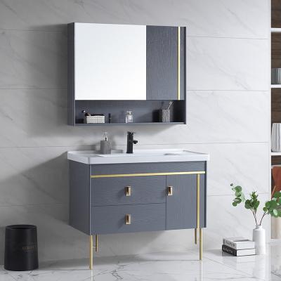 China Solid Wood Floor Mount Bathroom Vanities With HD Silver Mirror for sale