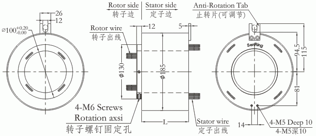 h100185 series H100185 Series Hole Size 100mm(Hollow Shaft)Through Hole Slip Ring slip ring Drawing