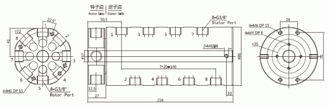 3008012 series 3008012 Series G3/8 8 Passage Pneumatic & Electric Rotary Union slip ring Drawing