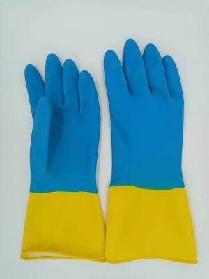 China Blue Yellow Latex Industrial Bicolor Glove Home Flocked  Chemical Resistance for sale