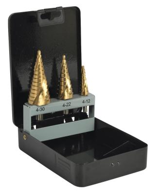 China 3Pcs Titanium Spiral Flute Step Drill Bit Set Hex Shank Packaging In Metal Box for sale