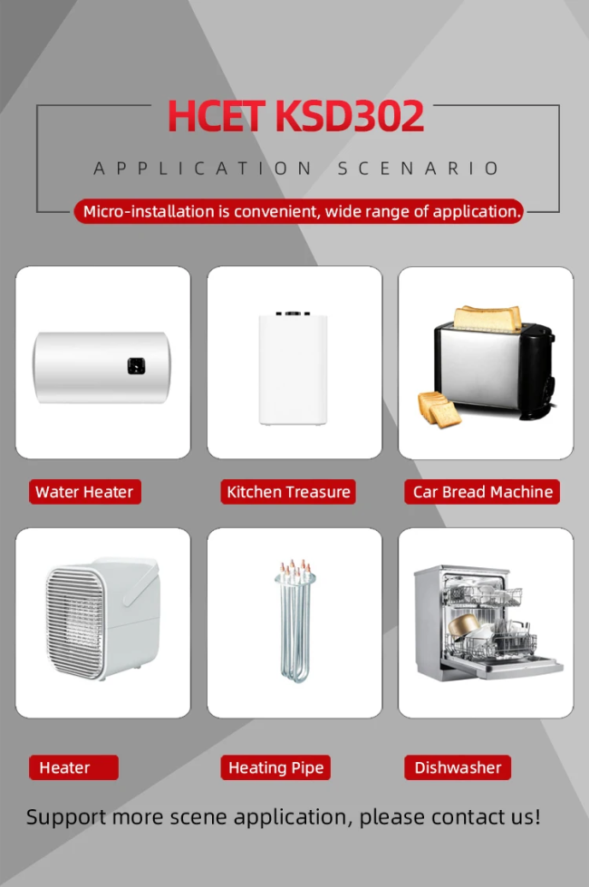 Illustration showing typical automotive applications for KSD302 Bimetal Thermostat
