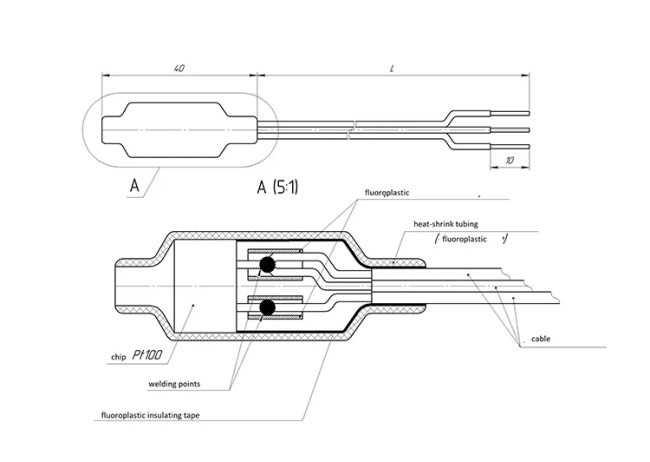 Dimension diagram of PT100 temperature sensor showing detailed measurements and specifications