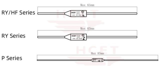 Thermal fuse dimensional diagram showing exact measurements and specifications
