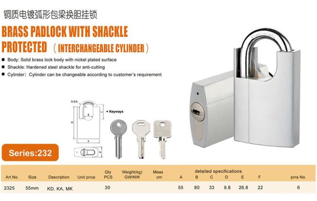 Brass padlock with protected shackle and interchangeable cylinder mechanism