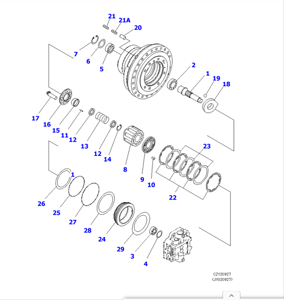 Travel motor parts breakdown diagram