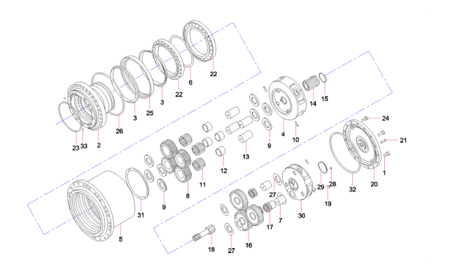 Travel motor parts breakdown diagram