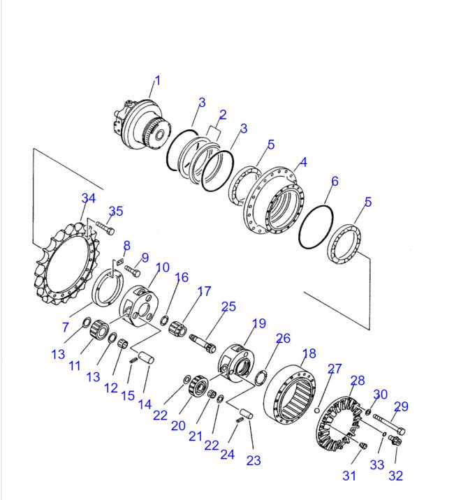 PC200-6 6D95 Travel Gearbox technical drawing