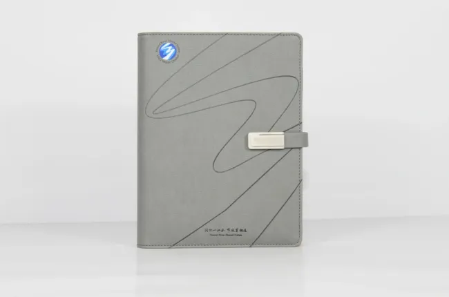 Grey High-Grade PU Leather Notebook with Magnetic U Disk Buckle, Customizable Logo