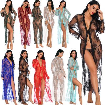 China Lace Underwear Sheer See Through Robes Lingerie V Neckline Eyelash Dress Sleeve Nightdress for sale