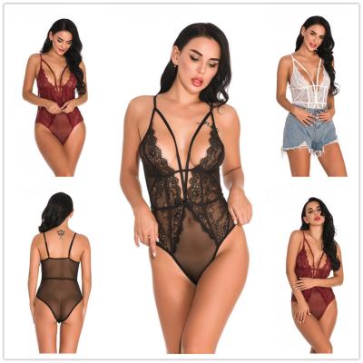 China See Through Lace Burgundy Lingerie Bodysuit Sexy Women Jumpsuit Black White Sheer for sale