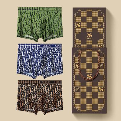 China 2xl 3xl 4xl Polyamide Mens Boxer Shorts 3 Pack Gift Box Antibacterial Letter Print Ice Silk for sale