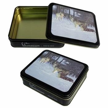China CYMK Printed Square Tin Containers , Gift Packaging Box With Rolled Out Lid for sale