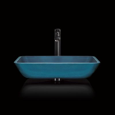 China Toughened Blue Glass Bowl Sink Blue Rectangle Above Counter 460mm Length for sale