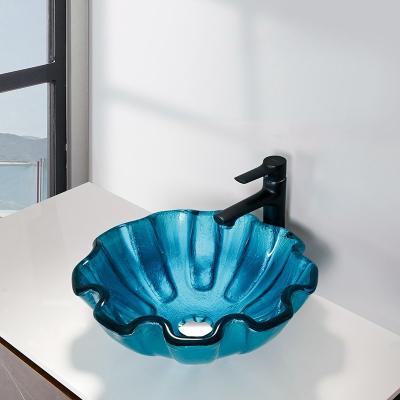 China Round Tempered Glass Basin Bowl Green Bathroom 150mm Countertop Flower Shape for sale