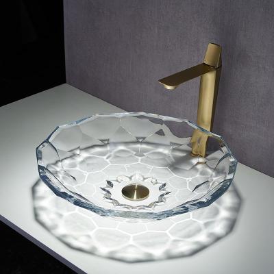 China Shinning Glass Wash Basin Transparent Faceted Shape Bathroom Sink Basin for sale