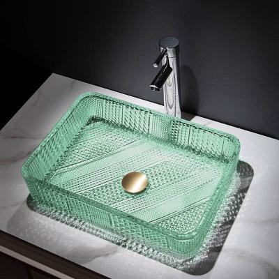 China Clear Light Green Rectangular Bathroom Sink Glass Vessel Handicraft Die Casting for sale