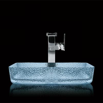 China Modern Rectangle Counter Top Basin Glass Bathroom Water Blue Color Lacquered for sale