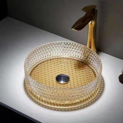 Chine les bassins en verre de navire de 360mm balayent la cuvette en verre claire d'évier d'hôtel du fond d'or à vendre