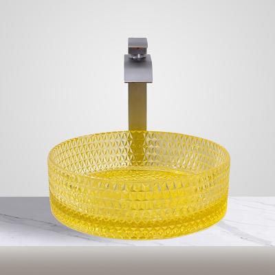 China Modern Cylinder Glass Washing Basin Bathroom Cabinet Sinks Transparent Yellow Color for sale