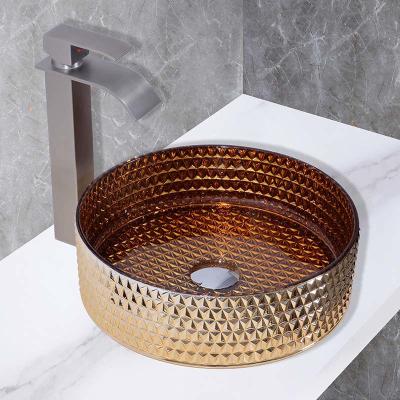 China Kitchen Countertop Mounted Glass Wash Basin In Electroplated Coating British Gold Color for sale