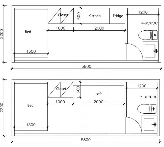 Interior view of capsule house showing space-efficient layout and modern finishes