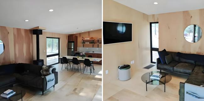 Luxury steel camping house with outdoor balcony in natural setting