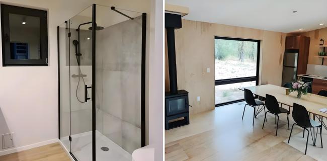 Spacious interior of steel glamping house with modern amenities