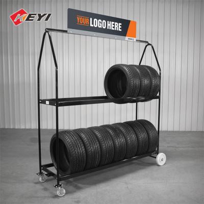 China Factory Custom Metal Rolling Tire storage Cart Tire Display Stand Mobile Tire Rack for sale