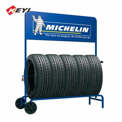 China Mobile Tire Rack Tire Stand Car Wheel Display Rack - Blue Powder Coating for sale