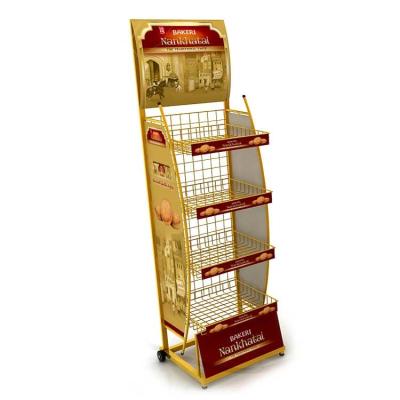 China OEM POP Snack Rack Metal Floor Display - 4 Wire Shelves, 2 Caster for sale