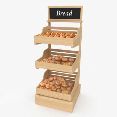 China Bakery 3 Tier Wooden Shelves Floor Standing Bread Dispaly Rack for sale